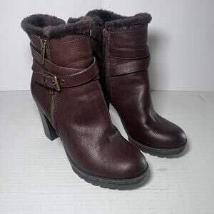 GUESS Women’s Brown Ankle Boots Size 7.5 – Faux Fur Lined, Heeled, Side Zip